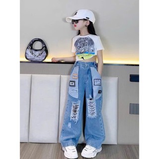 Quần Jean Suông Phối Rách Phong Cách Cá Tính Cho Bé Gái