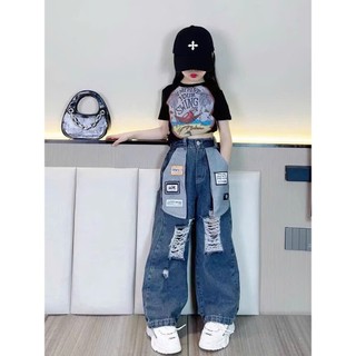 Quần Jean Suông Phối Rách Phong Cách Cá Tính Cho Bé Gái