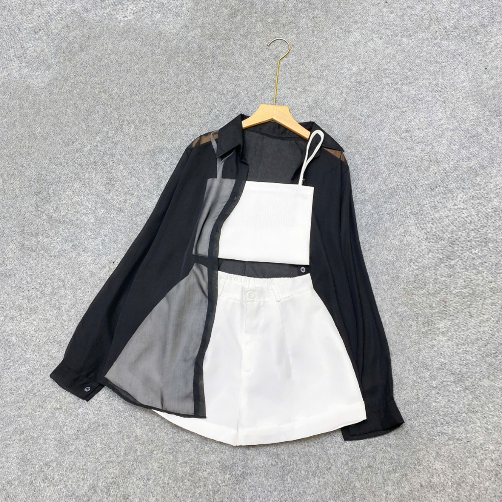 Set Đồ Đi Biển Bigsize Nữ 3 Móm Áo Sơ Mi Voan Kèm Áo 2 Dây, Quần Đùi Big Size Vải Fos SET967