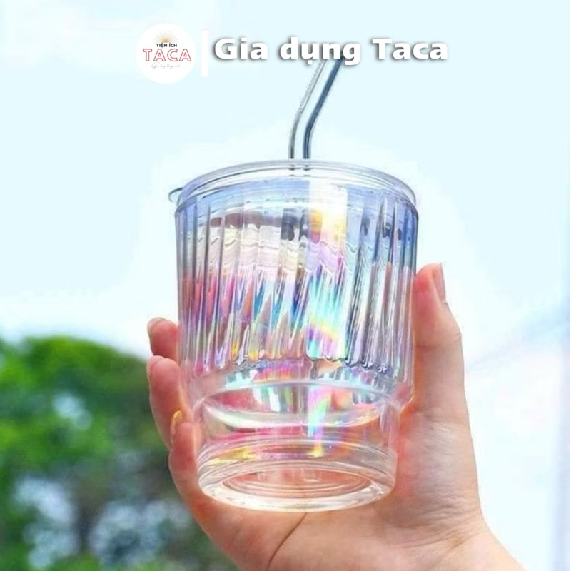 Cốc Thuỷ Tinh Cầu Vồng Có Ống Hút 400ml Dùng Uống Nước, Uống Cafe, Trà Sữa