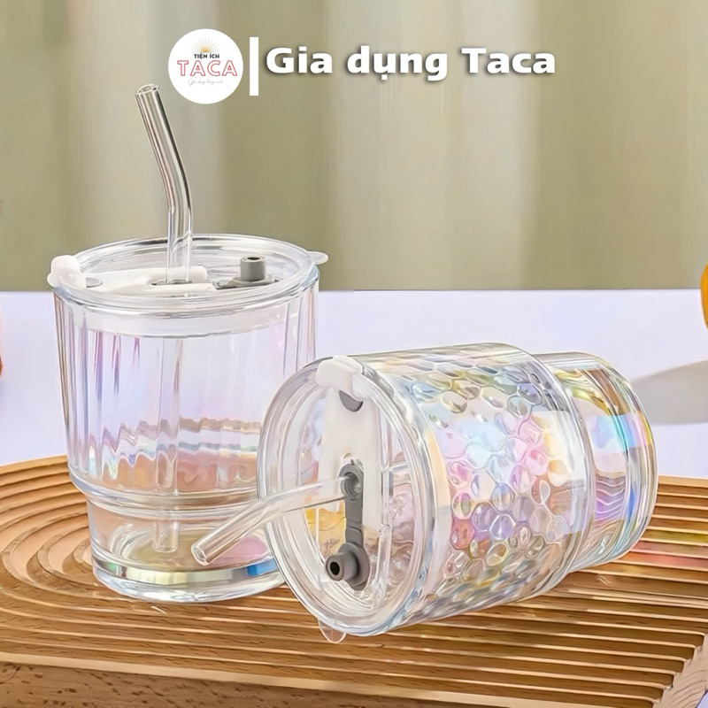 Cốc Thuỷ Tinh Cầu Vồng Có Ống Hút 400ml Dùng Uống Nước, Uống Cafe, Trà Sữa