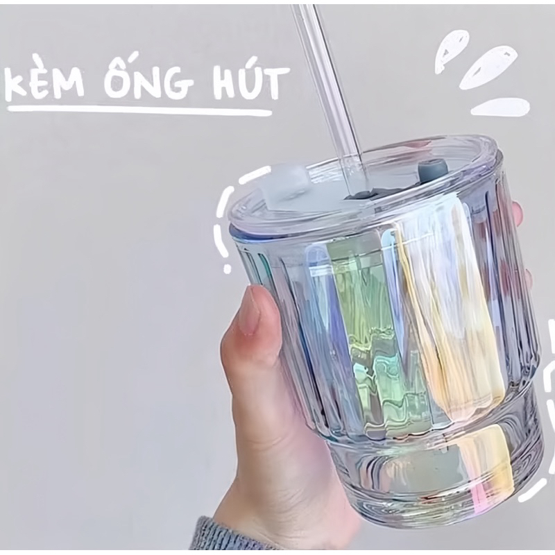 Cốc Thuỷ Tinh Cầu Vồng Có Ống Hút 400ml Dùng Uống Nước, Uống Cafe, Trà Sữa