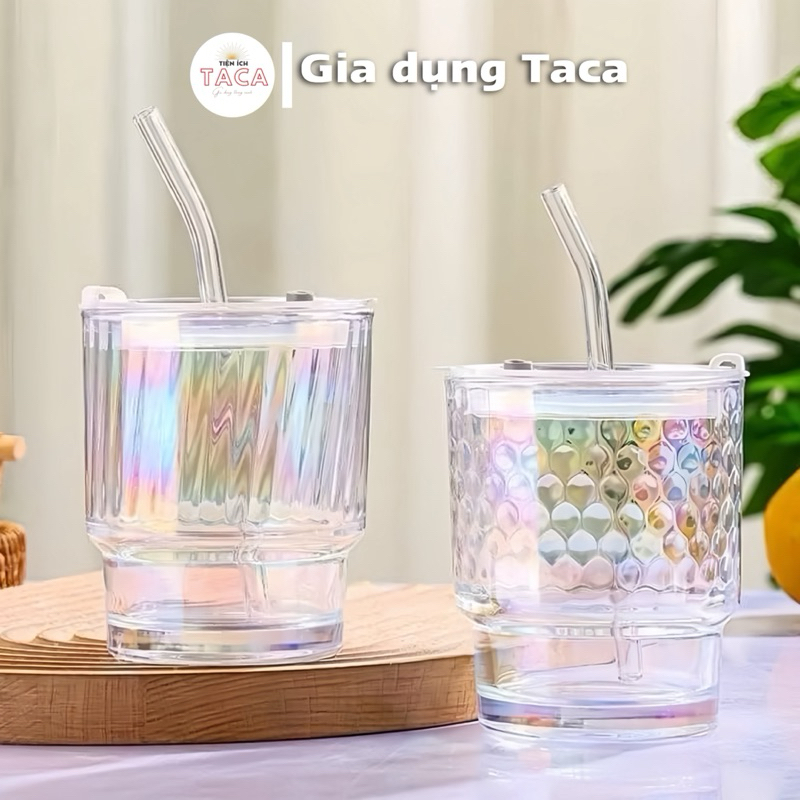Cốc Thuỷ Tinh Cầu Vồng Có Ống Hút 400ml Dùng Uống Nước, Uống Cafe, Trà Sữa