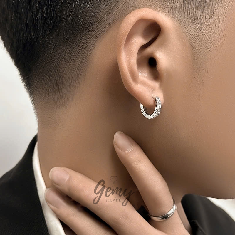 Khuyên tai tròn nam bạc 925 Timeless 2 khắc số la mã đính đá cực chất (1 chiếc) | GEMY SILVER KN124