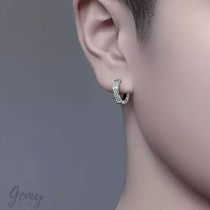 Khuyên tai tròn nam bạc 925 Timeless 2 khắc số la mã đính đá cực chất (1 chiếc) | GEMY SILVER KN124
