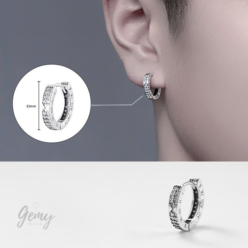 Khuyên tai tròn nam bạc 925 Timeless 2 khắc số la mã đính đá cực chất (1 chiếc) | GEMY SILVER KN124