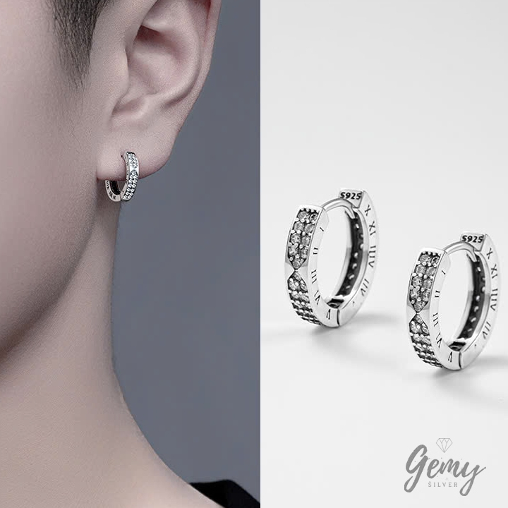 Khuyên tai tròn nam bạc 925 Timeless 2 khắc số la mã đính đá cực chất (1 chiếc) | GEMY SILVER KN124