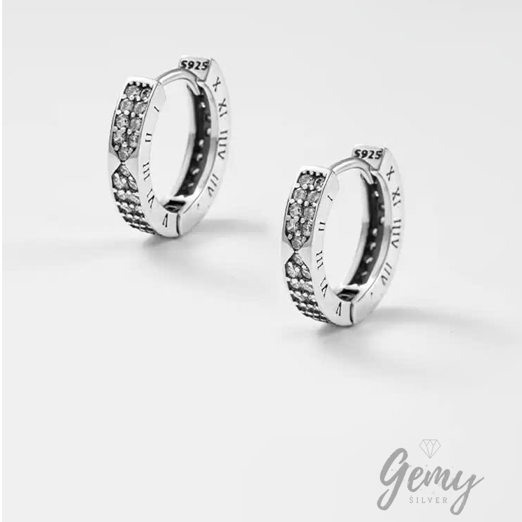 Khuyên tai tròn nam bạc 925 Timeless 2 khắc số la mã đính đá cực chất (1 chiếc) | GEMY SILVER KN124