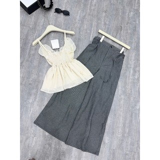 Set Bộ Đồ Nữ Áo 2 Dây Xô Thêu Hoa Chun Lưng Đính Nơ Ngực Mix Quần Suông Dài Kẻ Ống Rộng