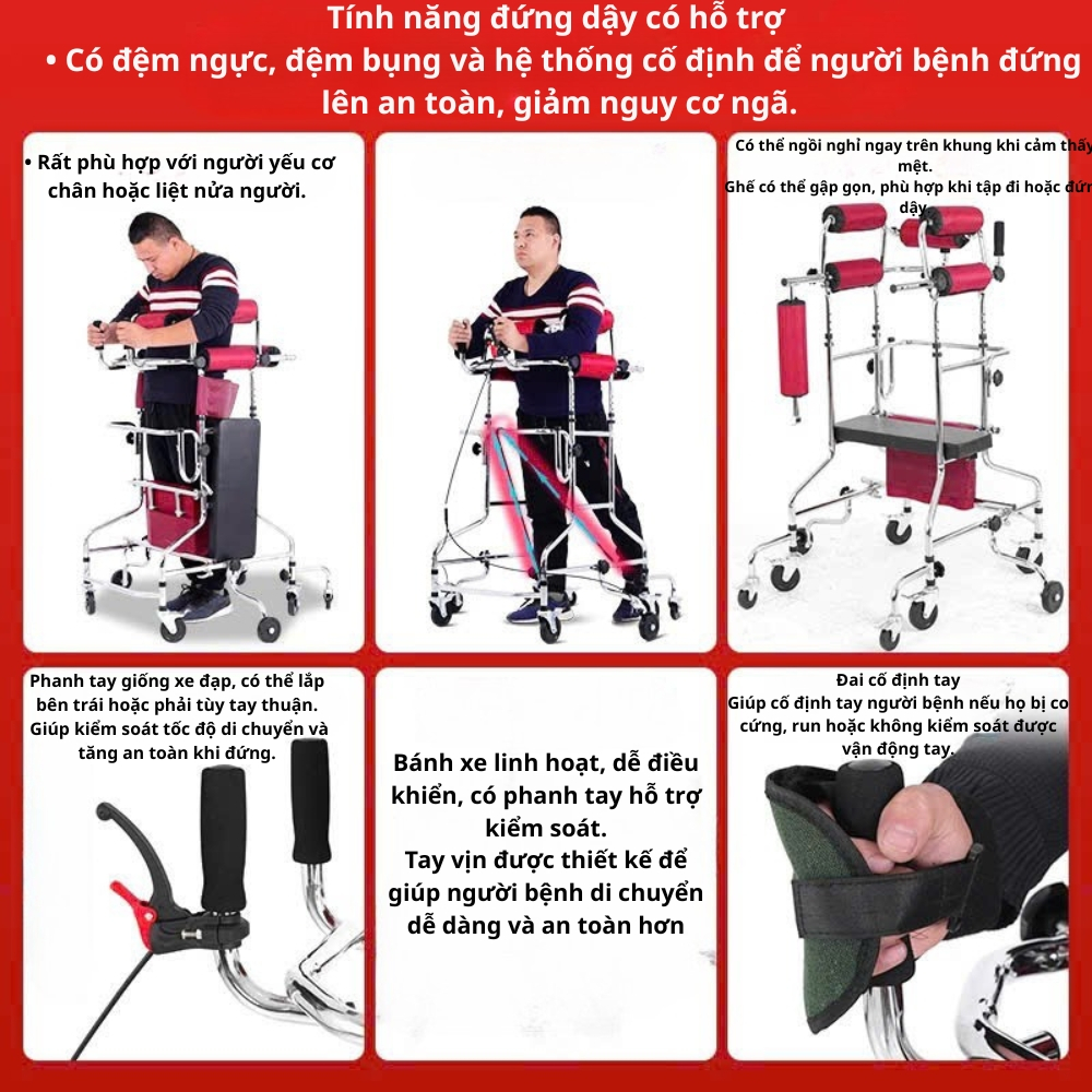 Khung tâp đi tập đứng chống lật  cho bệnh nhân phục hồi chức năng - Khung tập đi tám bánh