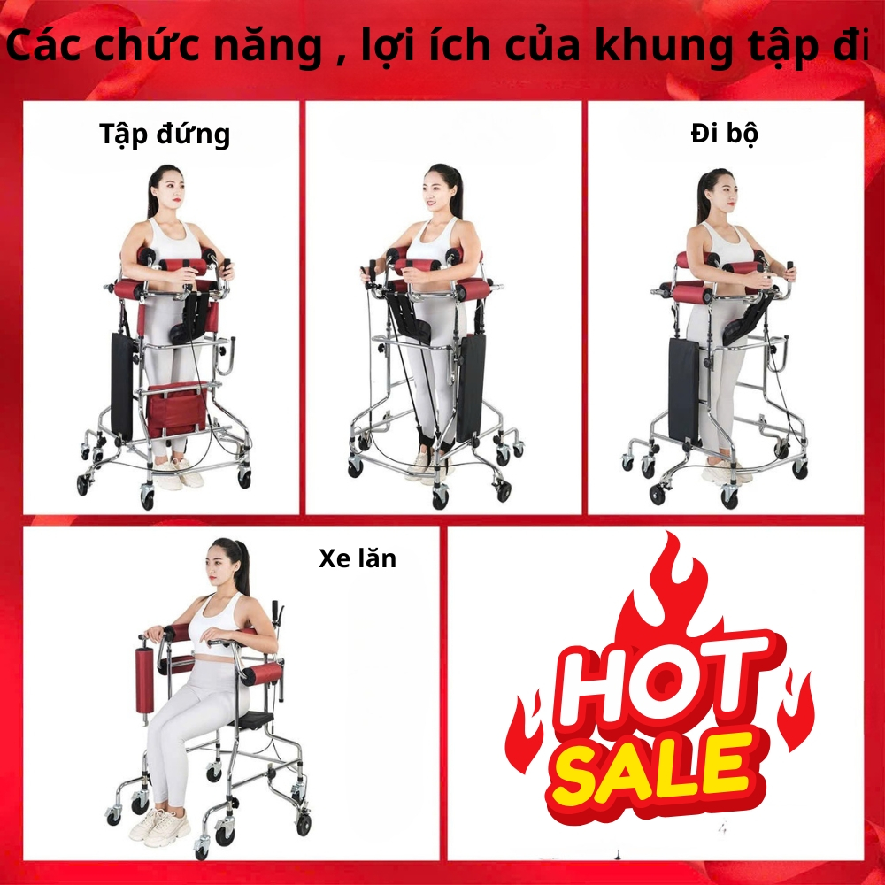 Khung tâp đi tập đứng chống lật  cho bệnh nhân phục hồi chức năng - Khung tập đi tám bánh