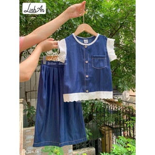 🆘🆘Đồ bộ hè chất jean. Bộ quần áo bé gái jean mềm phong cách Hàn Quốc – áo sát nách phối ren, quần ống rộng 13-45kg