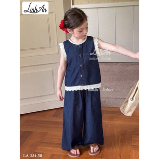 🆘🆘Đồ bộ hè chất jean. Bộ quần áo bé gái jean mềm phong cách Hàn Quốc – áo sát nách phối ren, quần ống rộng 13-45kg