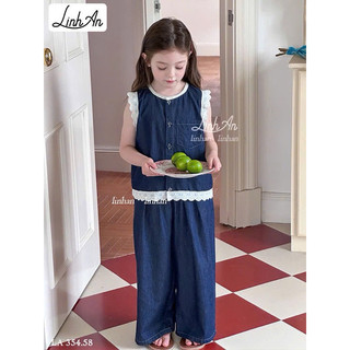 🆘🆘Đồ bộ hè chất jean. Bộ quần áo bé gái jean mềm phong cách Hàn Quốc – áo sát nách phối ren, quần ống rộng 13-45kg