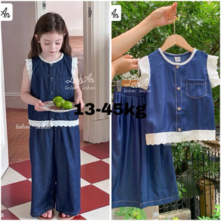 🆘🆘Đồ bộ hè chất jean. Bộ quần áo bé gái jean mềm phong cách Hàn Quốc – áo sát nách phối ren, quần ống rộng 13-45kg