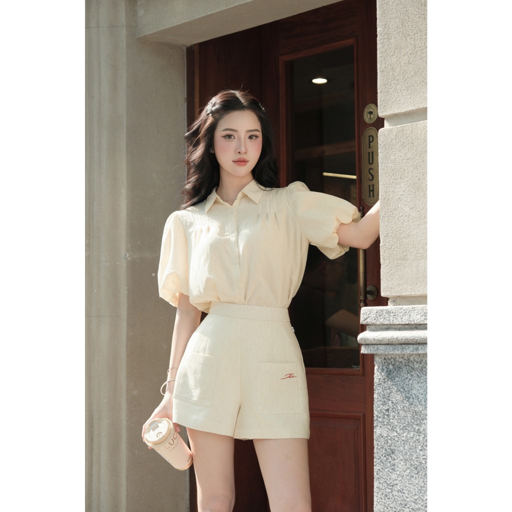 Set áo tay bồng bấu ngực 2T23.2504K + quần short túi vuông 3S09.2504K - Bộ đồ áo sơ mi tay bồng quần short thiết kế JM