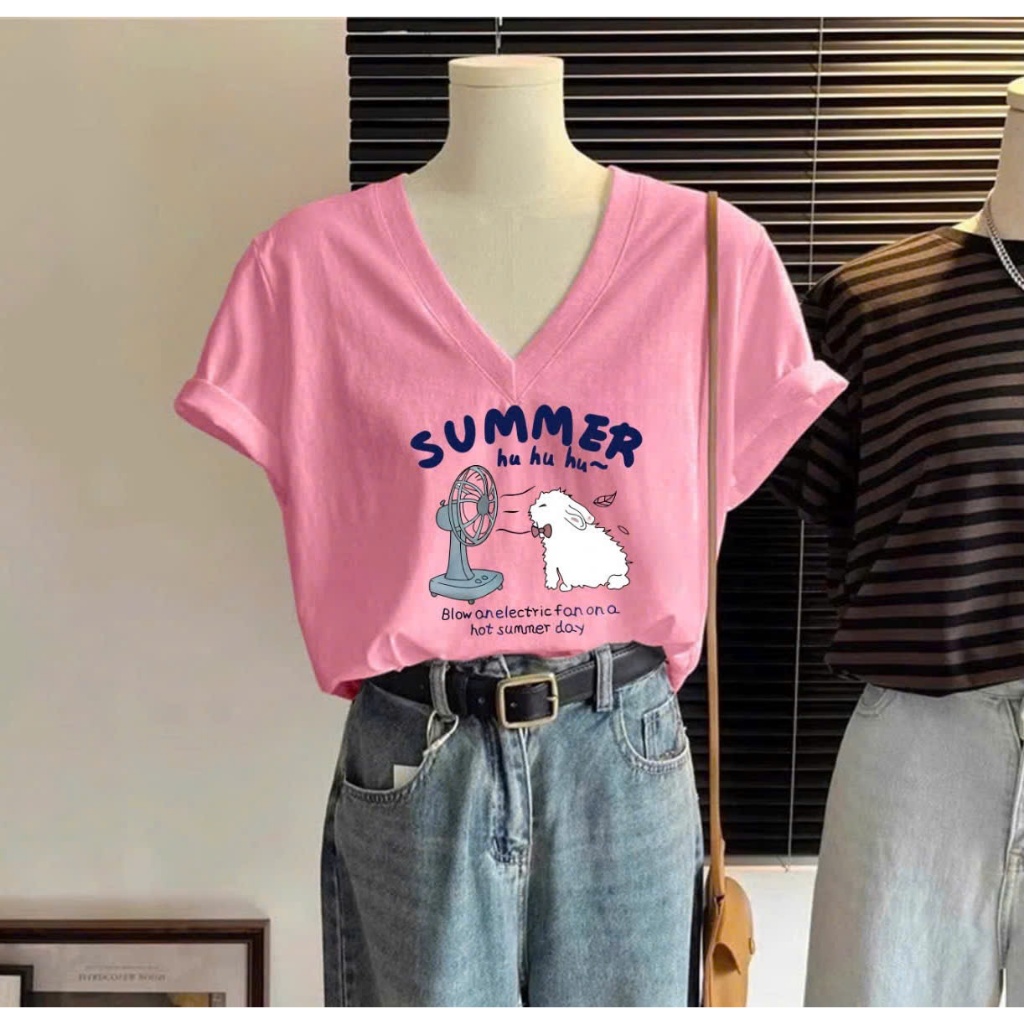 BST Áo thun xượt cổ tim Nữ in hình thời trang JULY FASHION, Áo thun nữ cổ tim, Cổ V phom vừa, Chất thun xượt mềm mát
