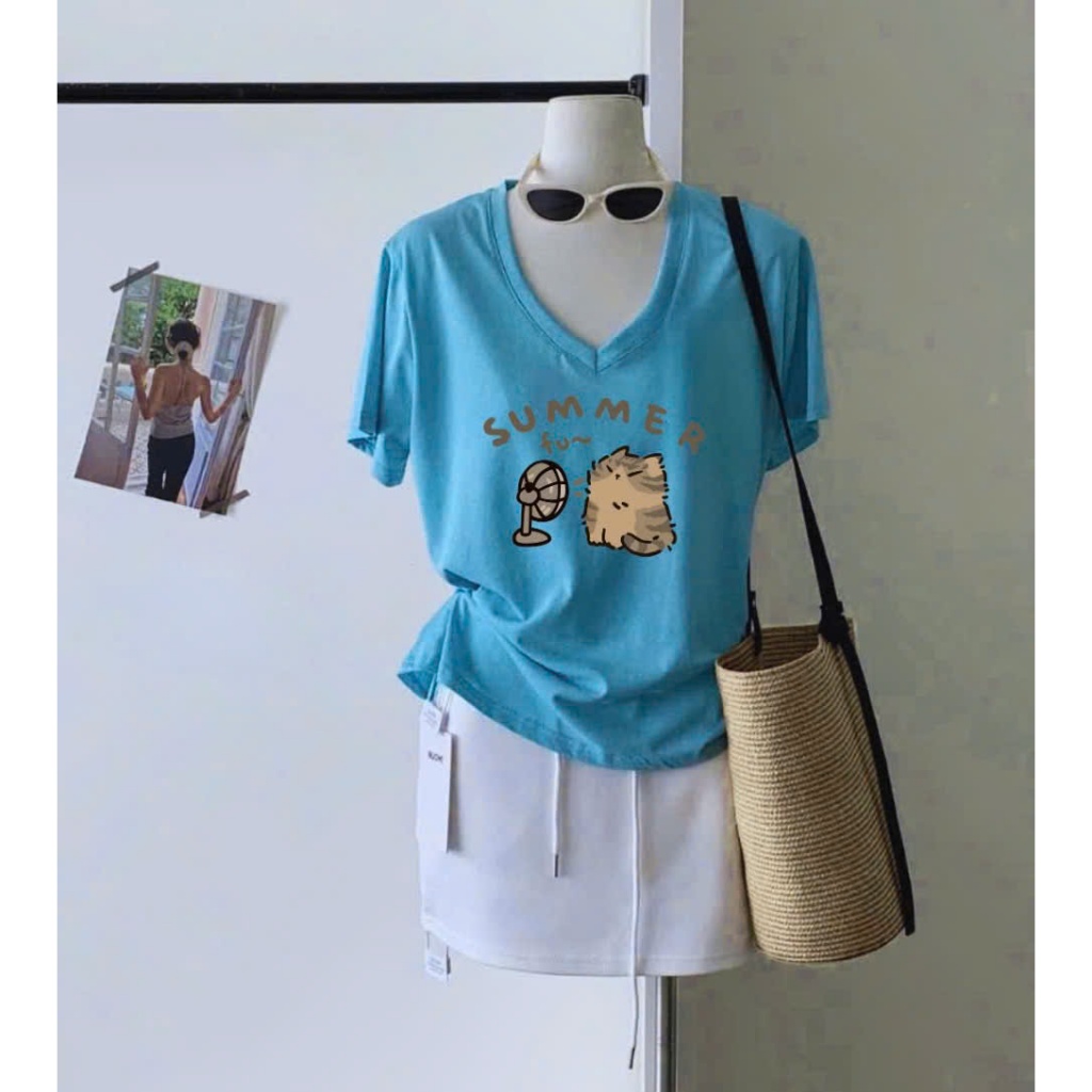 BST Áo thun xượt cổ tim Nữ in hình thời trang JULY FASHION, Áo thun nữ cổ tim, Cổ V phom vừa, Chất thun xượt mềm mát