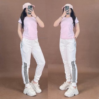 Quần thể dục 3 sọc dáng dài ống suông và bo gấu kiểu jogger có khóa kéo túi trẻ trung mới - DTB K1