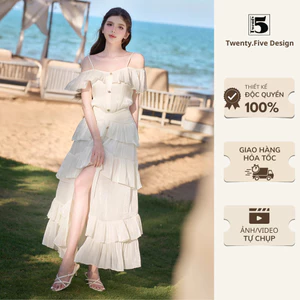 Đầm hai dây trễ vai đi biển cho nữ với thiết kế dáng dài nữ tính phối cúc sao biển Twenty.Five DL66