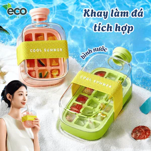 Khay làm đá thông minh tích hợp bình nước nhấn lấy đá, Khay đá tủ lạnh có nắp kín tặng kèm ống hút