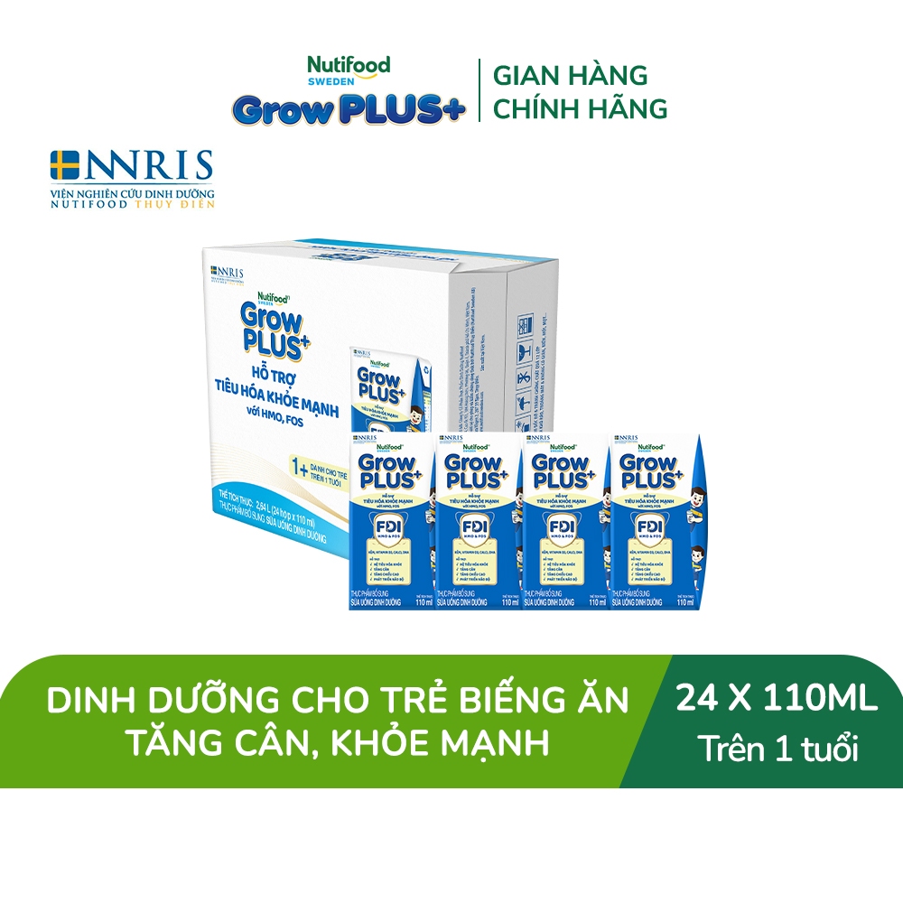 Thùng 24 hộp x 110ml Sữa bột pha sẵn Nutifood Sweden GrowPLUS+ Tiêu Hóa (Xanh Nhạt) 1+ - Tiêu hóa khỏe, tăng cân