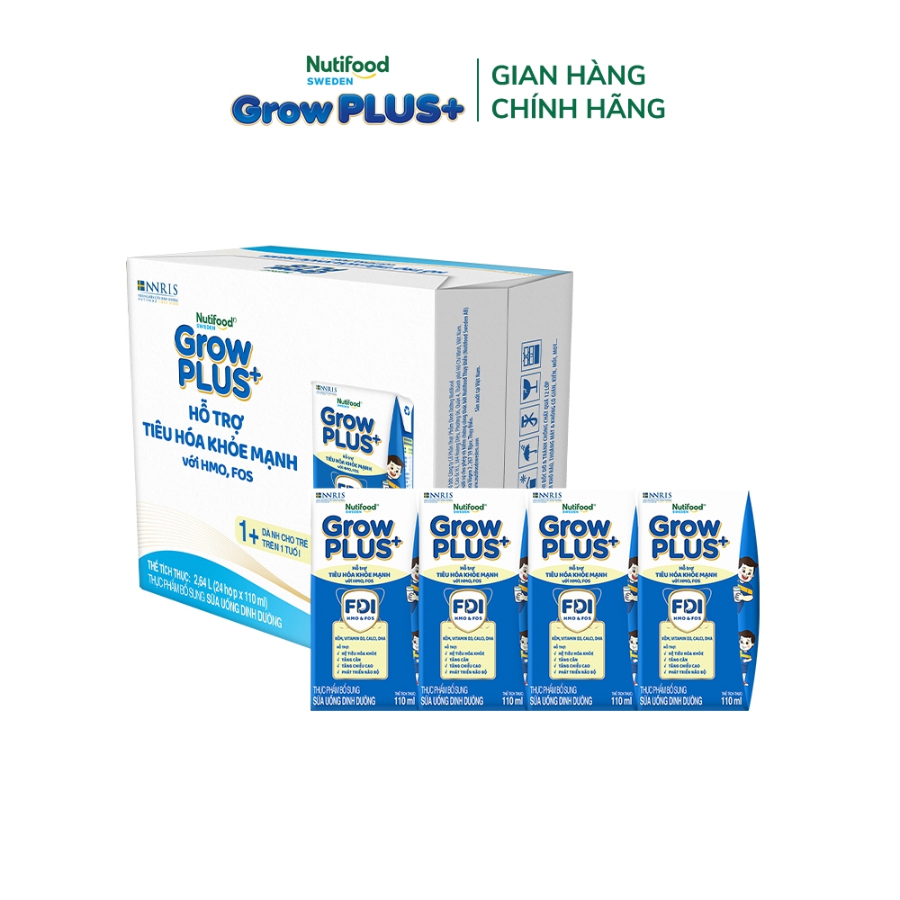 Thùng 24 hộp x 110ml Sữa bột pha sẵn Nutifood Sweden GrowPLUS+ Tiêu Hóa (Xanh Nhạt) 1+ - Tiêu hóa khỏe, tăng cân