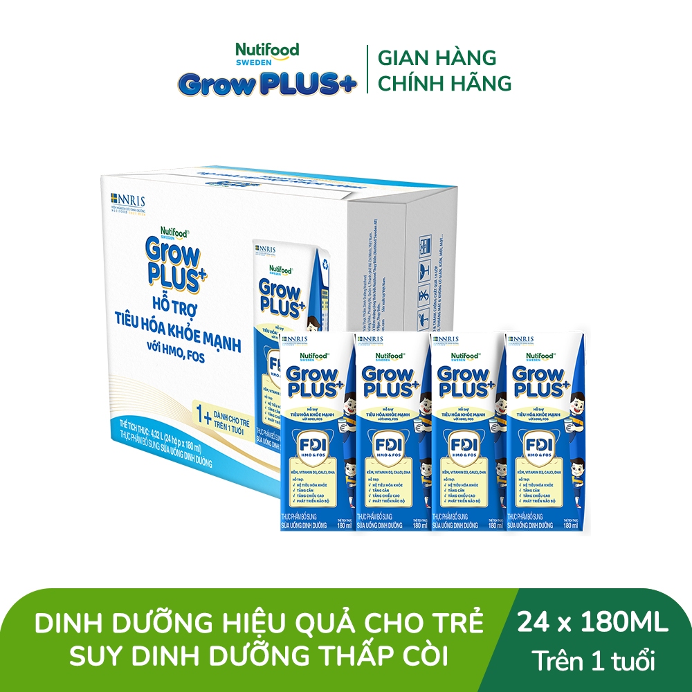 Combo 2 Thùng 24 hộp Sữa bột pha sẵn Nutifood Sweden GrowPLUS+ Tiêu Hóa (Xanh Nhạt) 1+ - Tiêu hóa khỏe, tăng cân 180ml