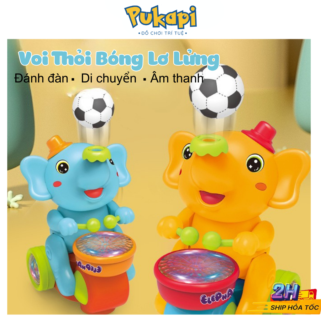 Đồ Chơi Con Voi Thổi Bóng Lơ Lửng Voi Ảo Thuật Đánh Trống Kèm Nhạc Đèn Di Chuyển Cảm Biến  - Đồ Chơi Cho Bé PUKAPI