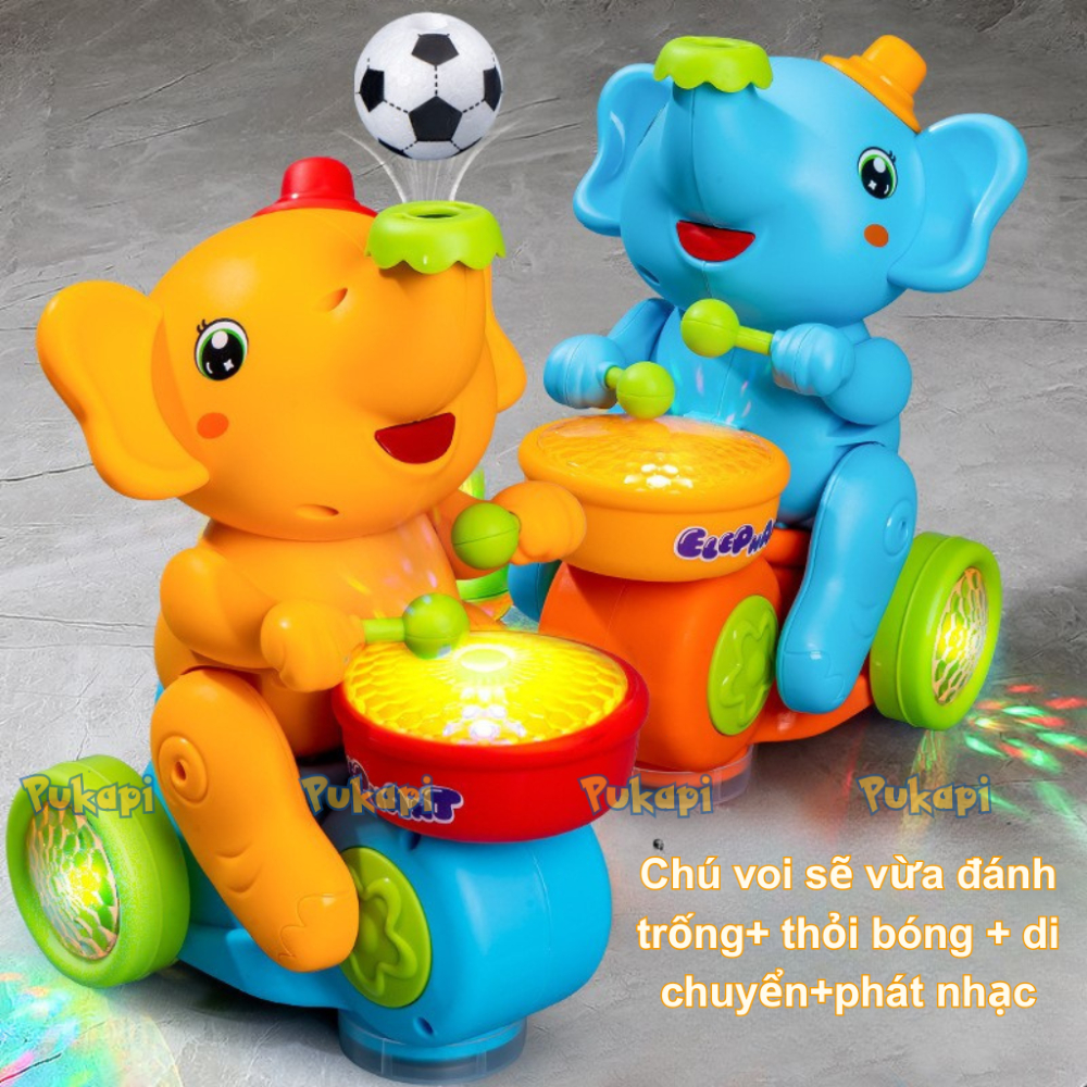 Đồ Chơi Con Voi Thổi Bóng Lơ Lửng Voi Ảo Thuật Đánh Trống Kèm Nhạc Đèn Di Chuyển Cảm Biến  - Đồ Chơi Cho Bé PUKAPI