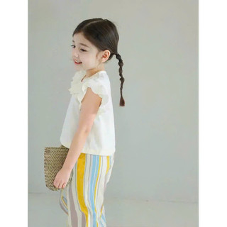 [B&G] Sét bộ áo thun trắng viền cổ kèm quần kẻ sọc vàng mùa hè cho bé gái từ 12-45kg(2-12 tuổi)