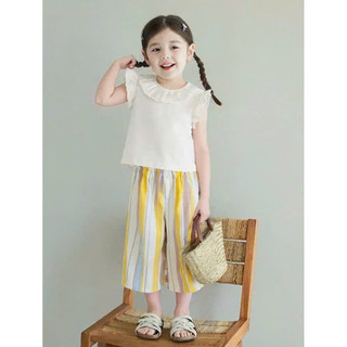 [B&G] Sét bộ áo thun trắng viền cổ kèm quần kẻ sọc vàng mùa hè cho bé gái từ 12-45kg(2-12 tuổi)