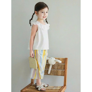 [B&G] Sét bộ áo thun trắng viền cổ kèm quần kẻ sọc vàng mùa hè cho bé gái từ 12-45kg(2-12 tuổi)