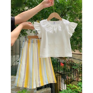 [B&G] Sét bộ áo thun trắng viền cổ kèm quần kẻ sọc vàng mùa hè cho bé gái từ 12-45kg(2-12 tuổi)