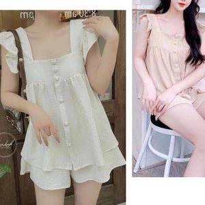 Set đồ nữ babydoll áo cánh tiên cổ vuông dọc cúc dáng xòe + quần đùi short Bộ áo 2 dây to + quần sooc ngắn T623G