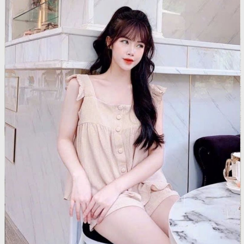 Set đồ nữ babydoll áo cánh tiên cổ vuông dọc cúc dáng xòe + quần đùi short Bộ áo 2 dây to + quần sooc ngắn T623G