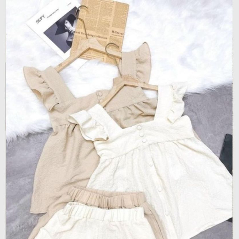Set đồ nữ babydoll áo cánh tiên cổ vuông dọc cúc dáng xòe + quần đùi short Bộ áo 2 dây to + quần sooc ngắn T623G