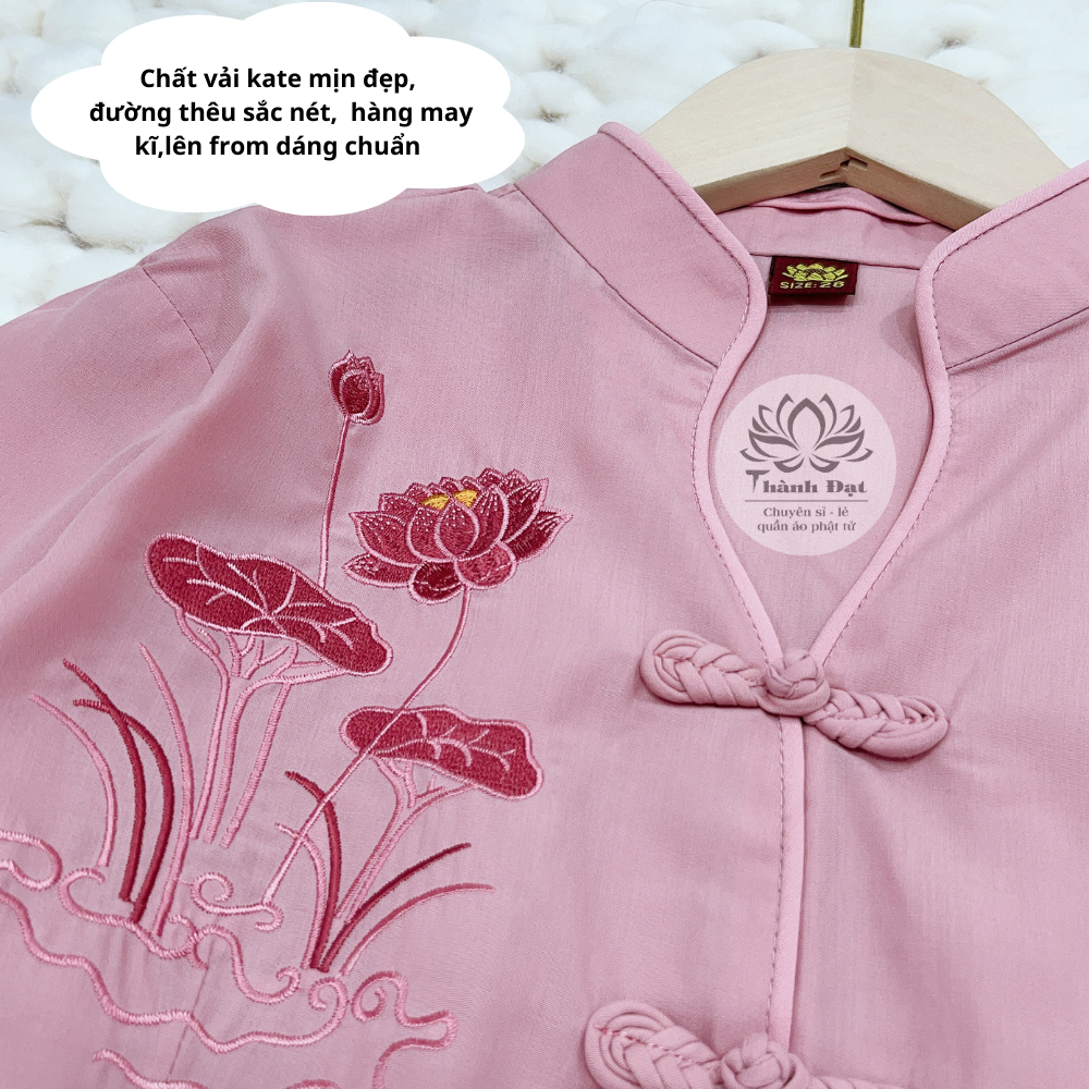 Set đồ lam đi chùa Pháp phục Áo tay lỡ cúc tàu thêu sen + Quần ống rộng Bộ đồ Phật tử size S M L XL T1007G