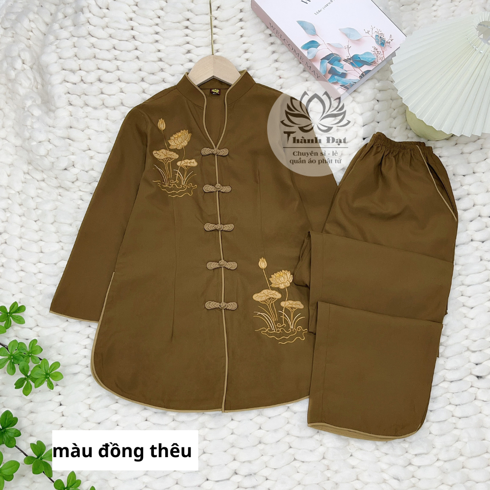 Set đồ lam đi chùa Pháp phục Áo tay lỡ cúc tàu thêu sen + Quần ống rộng Bộ đồ Phật tử size S M L XL T1007G