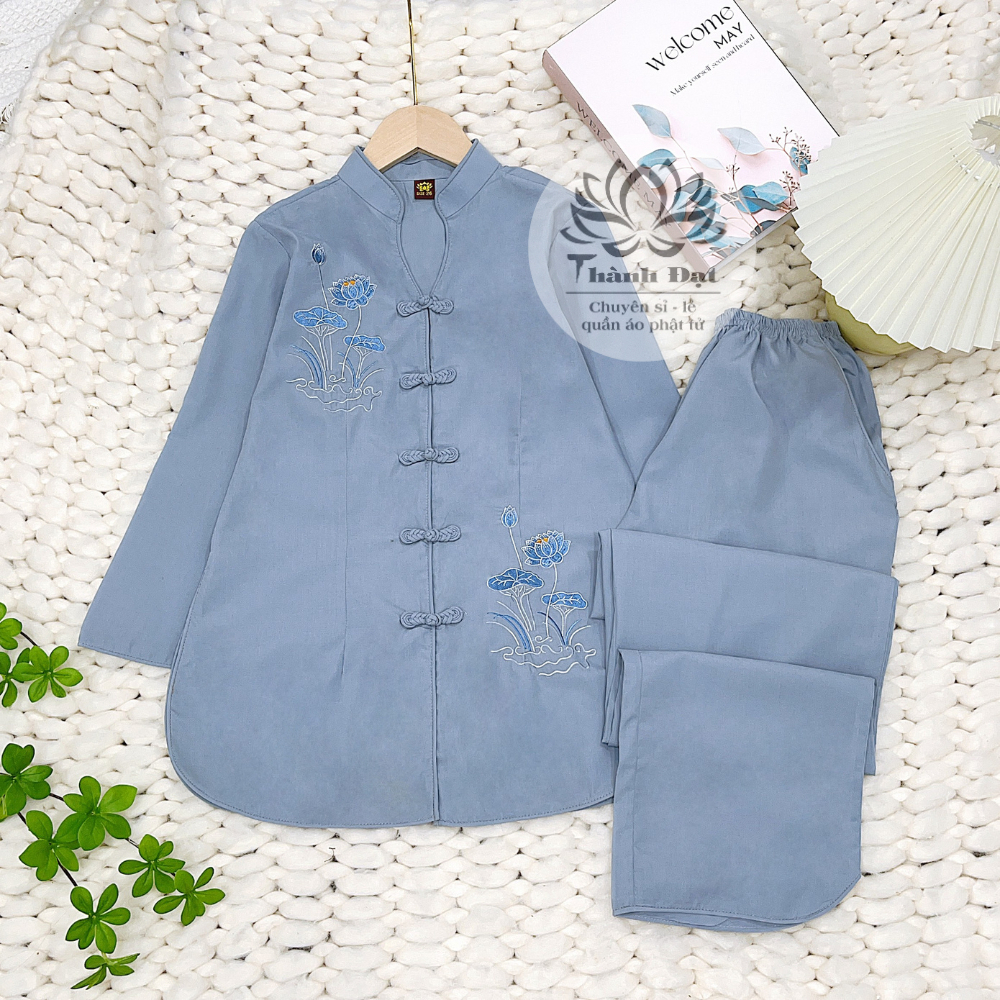 Set đồ lam đi chùa Pháp phục Áo tay lỡ cúc tàu thêu sen + Quần ống rộng Bộ đồ Phật tử size S M L XL T1007G