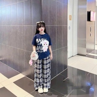 Bộ quần áo mùa hè mát mẻ in hoạ tiết nhí quần dài xuông caro cho bé gái từ 9-43kg