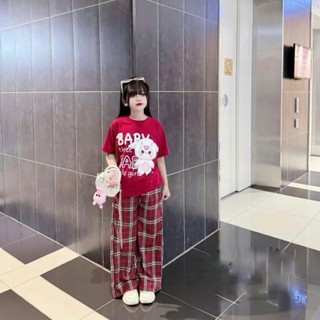 Bộ quần áo mùa hè mát mẻ in hoạ tiết nhí quần dài xuông caro cho bé gái từ 9-43kg