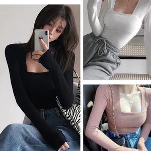 Áo len tăm dài tay ôm body cổ vuông 3 màu đen xám hồng đỗ tôn dáng Áo kiểu nữ thu đông thanh lịch T671G