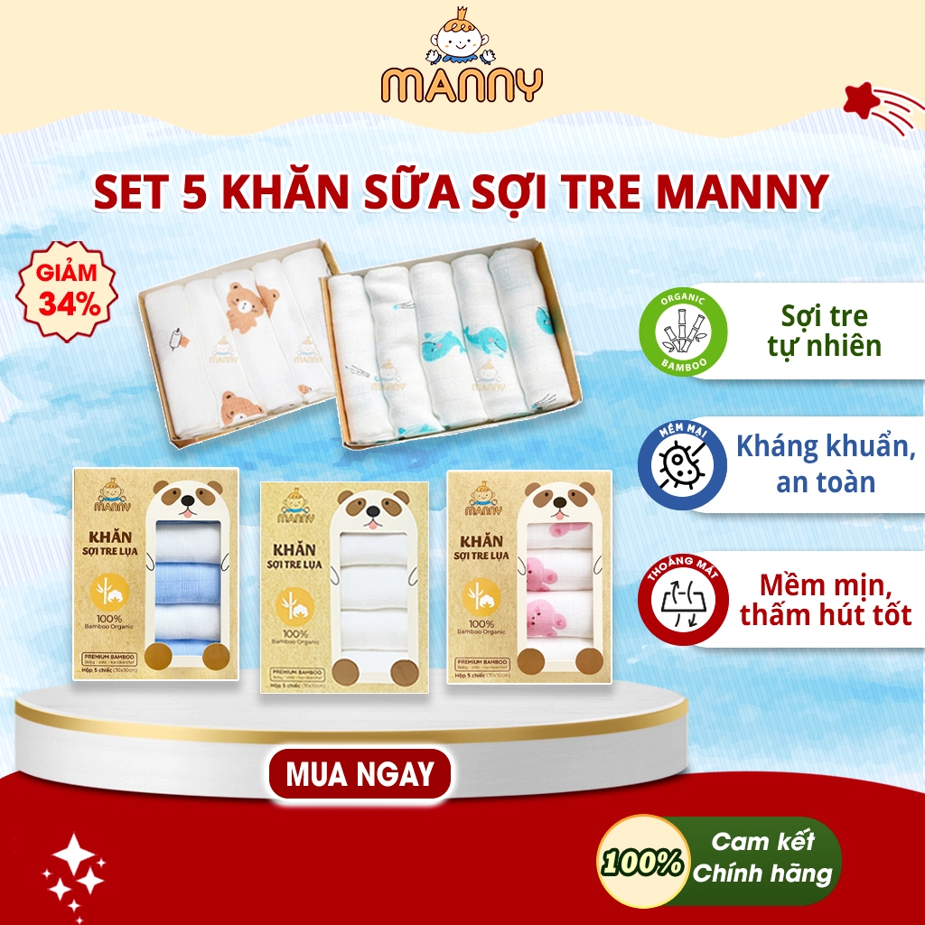Hình ảnh thực tế Hộp 5 Khăn Sữa Sợi Tre Cho Bé Manny 100% Organic (30x30cm) Mềm Mịn, Thoáng Nhẹ, Thấm Hút Tốt chính hãng trên Shopee