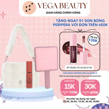 [ĐỦ BILL] Set Son 3CE kèm gương cầm tay và túi đeo vai, son kem dòng Velvet Lip Tint minisize 1.5g màu Walk n Talk