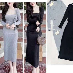 Set áo khoác cardigan mỏng+ váy 2 dây len tăm dáng dài ôm body tôn dáng Bộ đồ thu đông nữ đen xám basic T673G