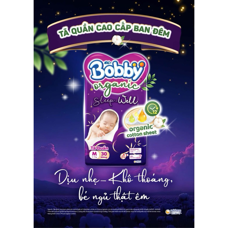 Tã Bỉm Boby Đêm organic Sleep Well cái cấp cho bé giấc ngủ ngon xuyên đêm