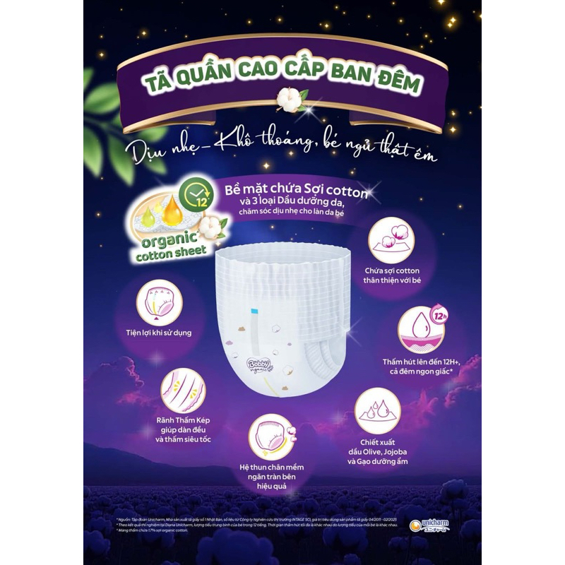 Tã Bỉm Boby Đêm organic Sleep Well cái cấp cho bé giấc ngủ ngon xuyên đêm