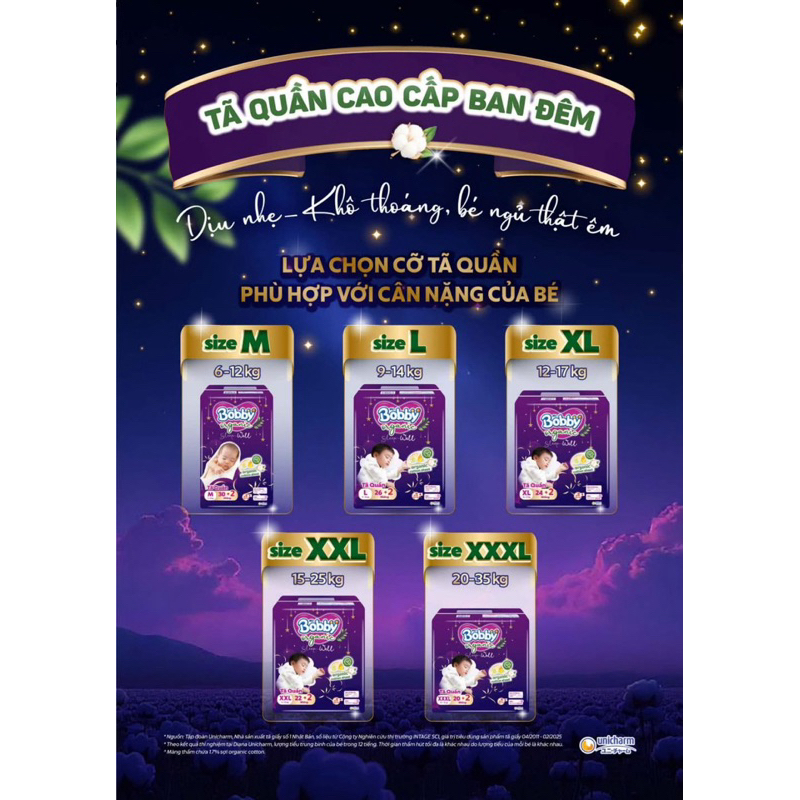 Tã Bỉm Boby Đêm organic Sleep Well cái cấp cho bé giấc ngủ ngon xuyên đêm
