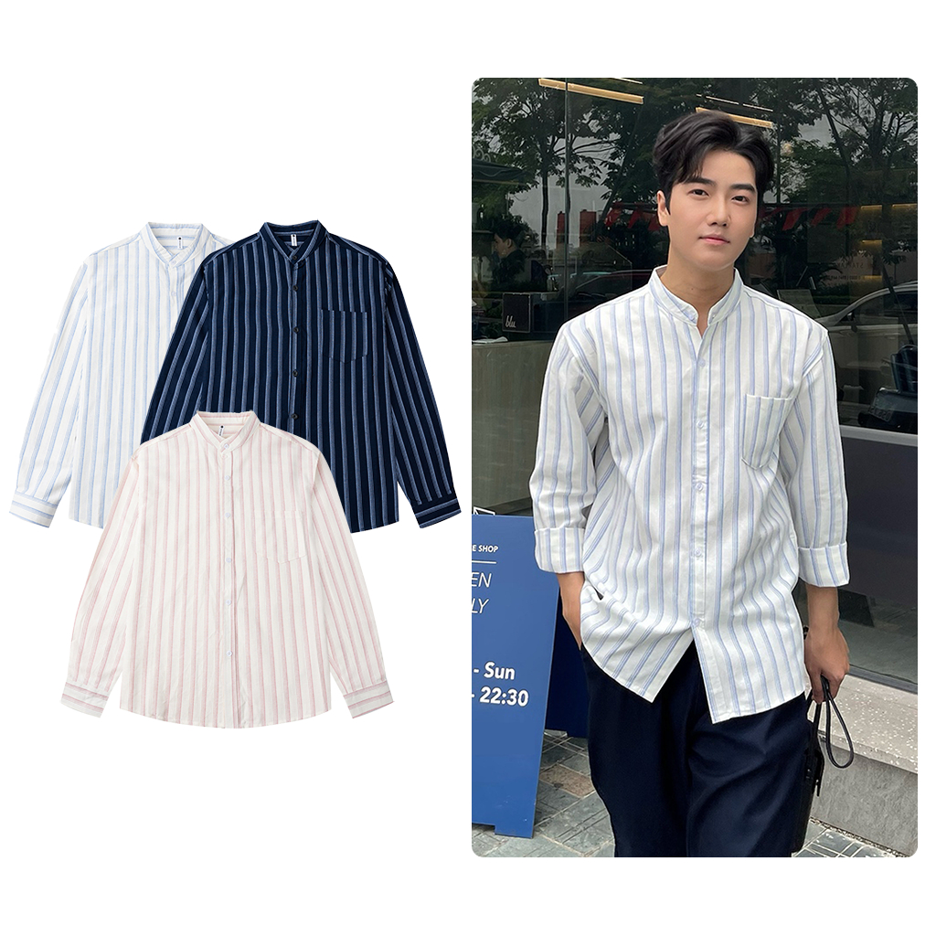 Áo Sơ Mi Nam Cổ Tàu Kẻ Sọc Xanh Oxford Vải Oxford 260GSM Dày Dặn Cao Cấp Halley A33